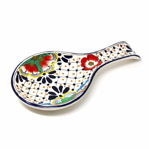 Handmade Pottery Spoon Rest Dots and Flowers