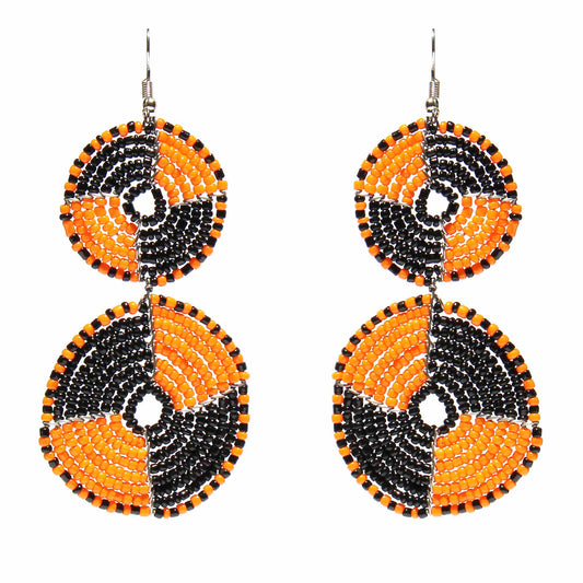 Maasai Bead Double Circle Dangle Earrings, Mango Orange and Black